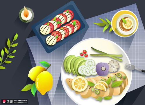 蔬菜沙拉 彩色手绘 柠檬茶水 美食插图插画ai57 食品插画 西式美食 食品插画 西式美食